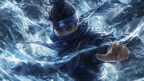Water-wielding ninja channels swirling elemental power.