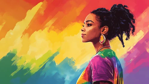 Profile portrait of woman against dynamic rainbow brushstroke field