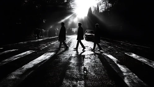 High-contrast street silhouettes in cinematic backlit composition.