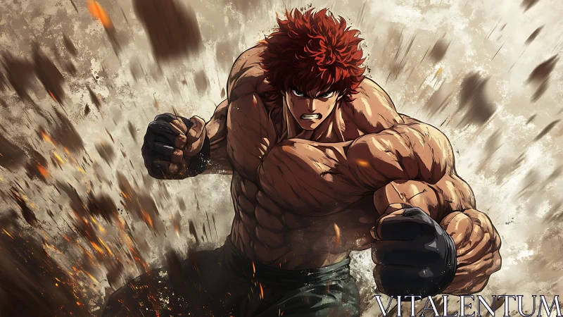 Muscular anime fighter charging through exploding debris.