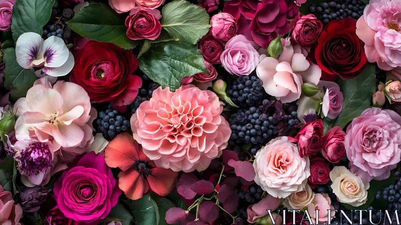 Layered Floral Composition: Dahlias, Roses, and Berries in Warm Pink-Magenta Palette