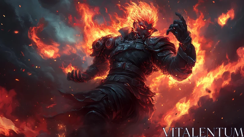 Flame crowned warlord strides through storming inferno skies