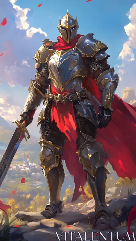 Crimson-caped paladin guarding a sunlit valley frontier.