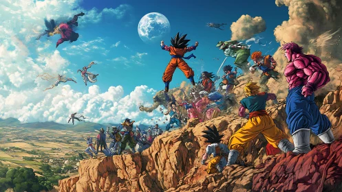 Legendary warriors surge across rocky cliffs toward battle