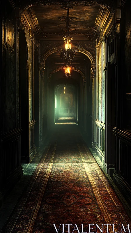 Golden chandeliers whisper down an endless haunted corridor