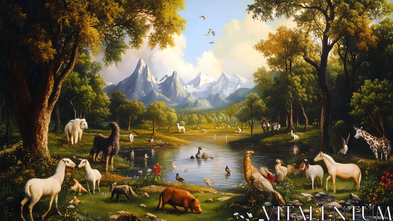 Gentle wild animals share a peaceful lake beneath tall peaks