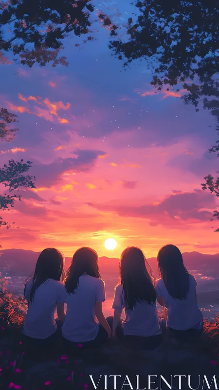 Four girls sit together watching the sun set over hills