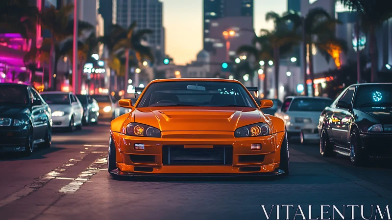 Neon boulevard crowns an orange street racer in motionless roar