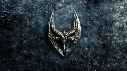 Ornate dual-blade emblem rendered on weathered metallic stone