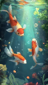 Koi fish drift through sunlit pond water among plants