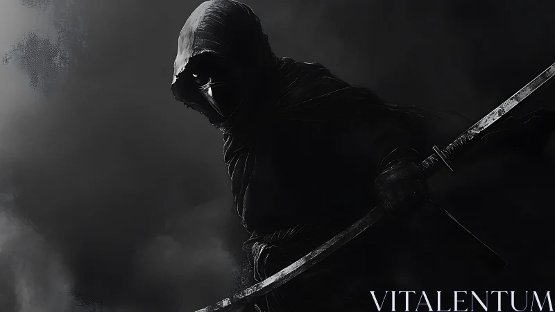 Hooded masked swordsman holds katana in dark storm.