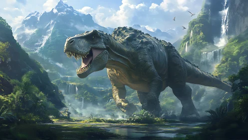 Colossal dinosaur striding through lush misty valley landscape.