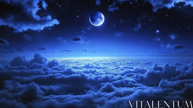 Moonlit cloud ocean under a deep velvet midnight sky.