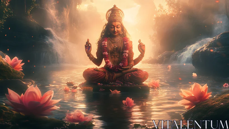 Luminescent river goddess in lotus-throned meditative equilibrium.