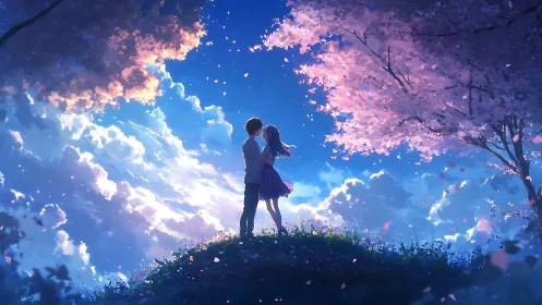 Twilight couple under luminous cherry blossoms embrace.