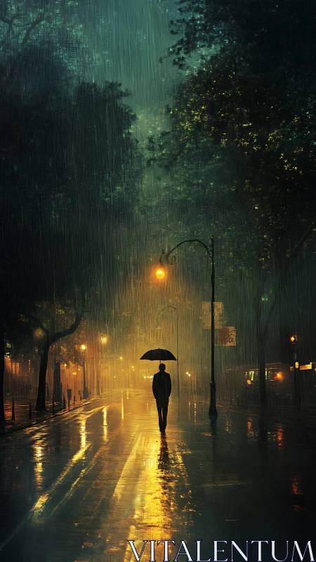 Streetlight rain turns a lone umbrella into quiet theater