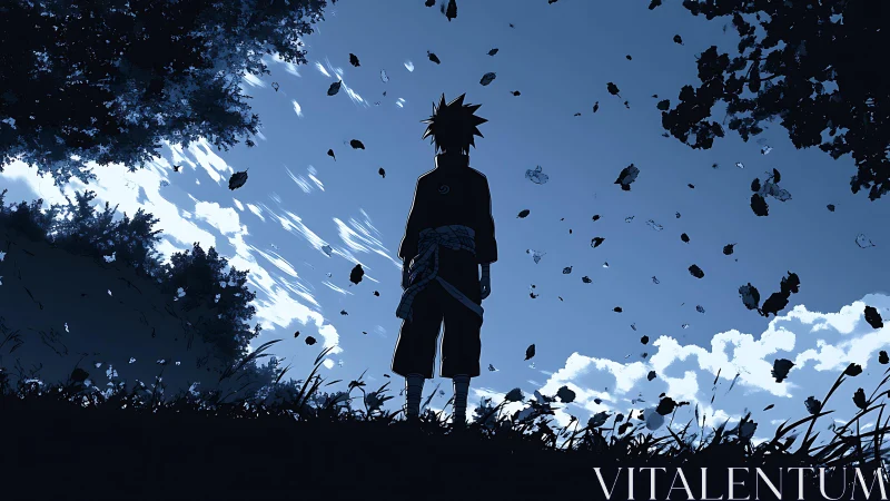 Silhouetted figure in blue landscape with scattered leaves.