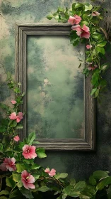 Empty rustic wooden frame wrapped in pink floral vines.