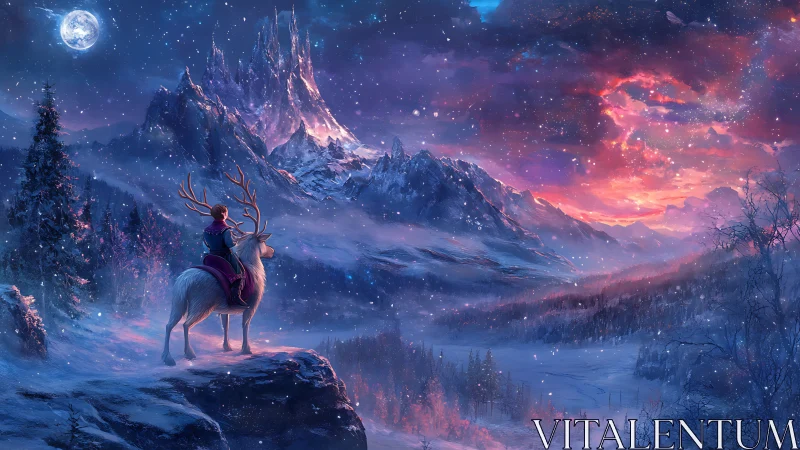 Rider on stag overlooking luminescent ice citadel at dusk