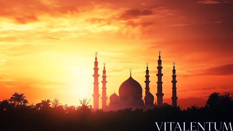 Mosque silhouette with multiple minarets at vivid sunset