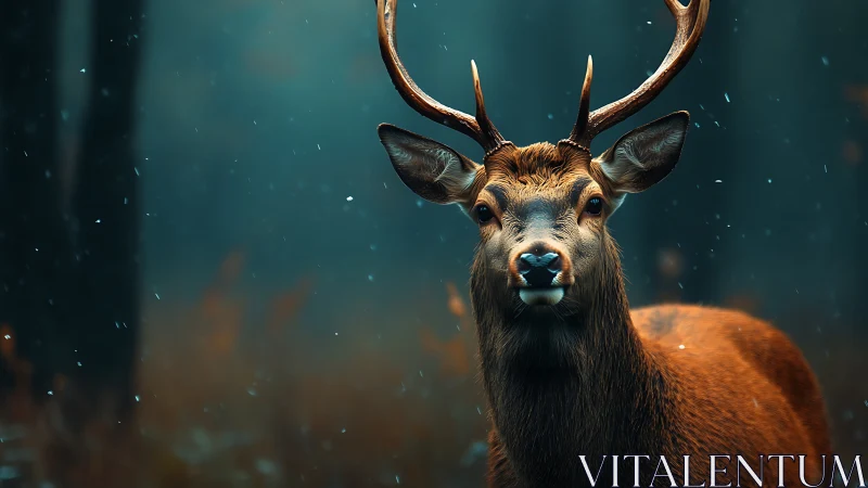 Stag of quiet snowfall poised in teal forest hush.