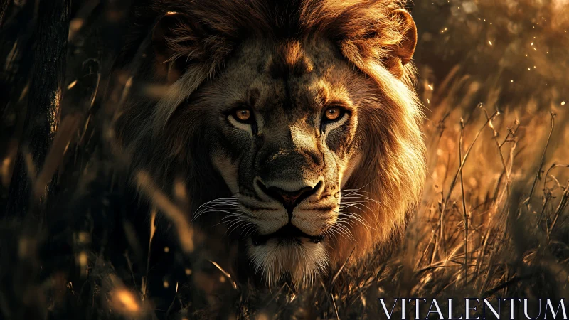 Male lion crouches in golden savanna dusk light, eyes locked