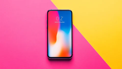 Mobile device displaying gradient interface on color-blocked background.