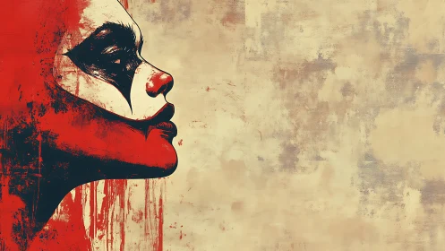 Profile portrait of stylized clown face with distressed red paint
