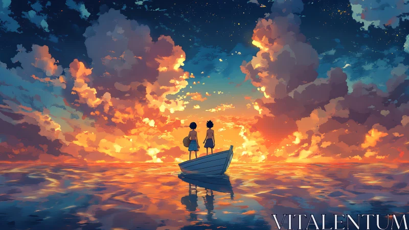 Sunset voyagers adrift in a painted ocean of cloudfire.