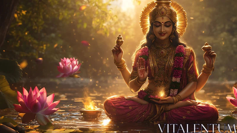 Divine lotus deity in radiant backlit riverine illumination.