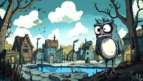 Grumpy cartoon owl in rundown village by blue canal.