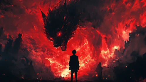Solitary figure confronts colossal demonic wolf in firestorm