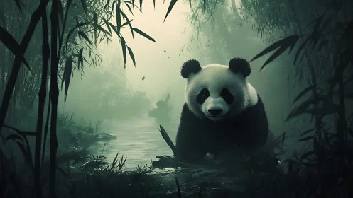 Soft-eyed panda enjoys a misty bamboo river hideaway