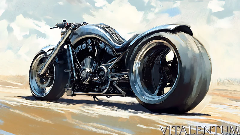 Dynamic low-angle digital painting of futuristic motorcycle.