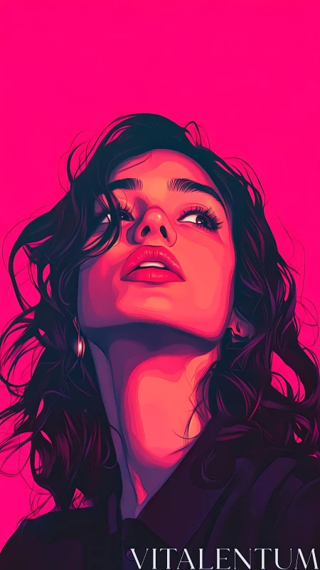 Neon magenta stylized portrait, low-angle female gaze upward