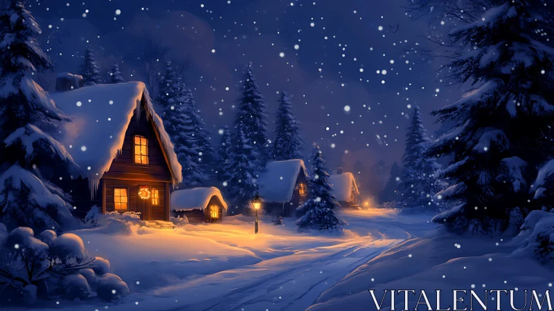 Snowy winter cabins glow beneath a peaceful starlit sky.