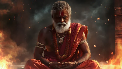 Elderly Hindu sage in flaming ritual setting rendered photorealistically