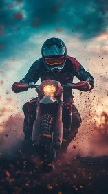 Fearless dirt bike rider kicking up sparks at sunset.