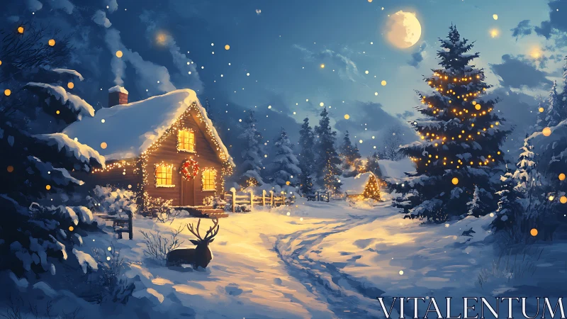 Moonlit cabin hums while snow-lit reindeer keeps quiet watch