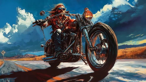 Road warrior on chrome chopper beneath stormy sky.