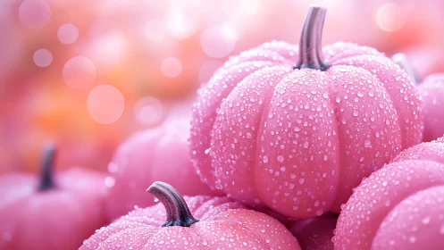 Candy-glazed pink pumpkins shimmer in dewy sunrise glow.