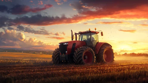 Red tractor in open field under dramatic sunset sky.