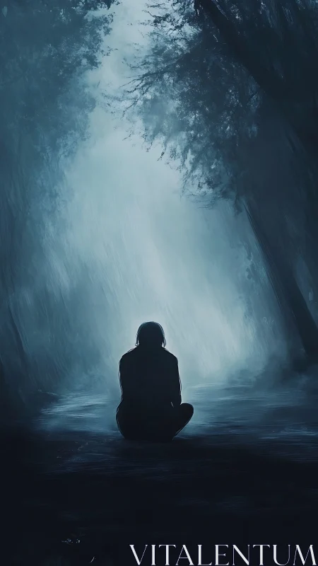 Silhouette sits alone on wet forest path under misty light
