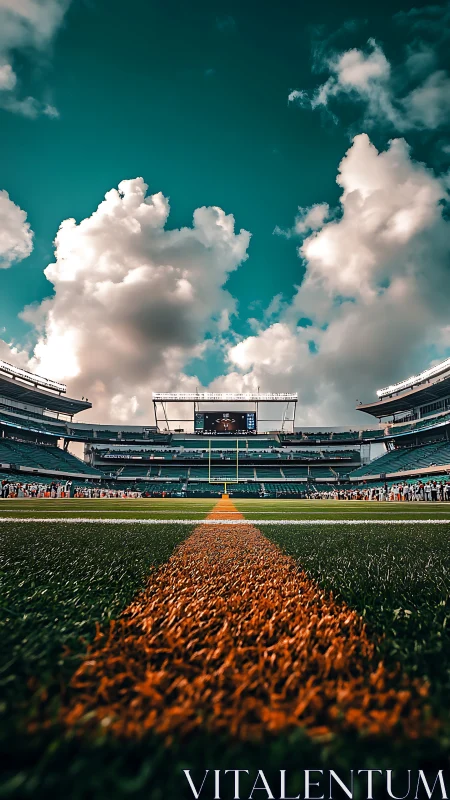 Golden yard line leads into dramatic football stadium sky.