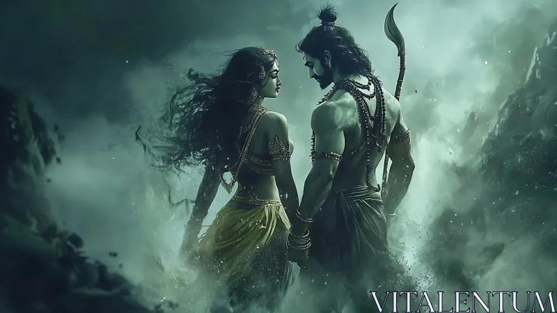 Mythic couple in misted landscape with stylized weaponry.