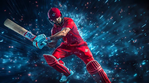 Cricket batsman in dynamic swing framed by neon particle burst