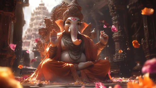 Ganesha idol in ornate temple hall with drifting flower petals.