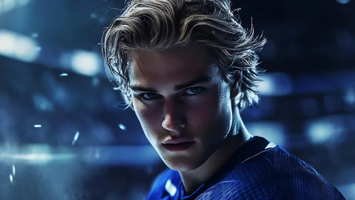Focused male athlete in blue jersey under stadium lights.