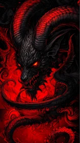 Infernal draconic chimera with coiled horns in red void.