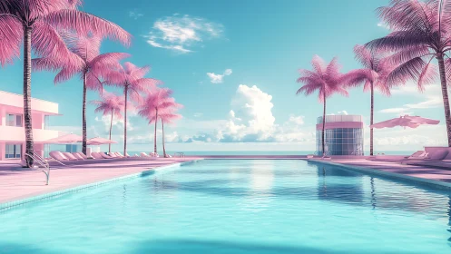 Dreamy pastel infinity pool overlooks a tranquil ocean horizon.
